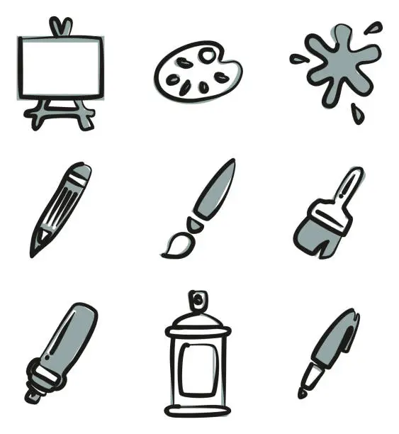 Vector illustration of Painting Or Drawing Tools Icons Freehand 2 Color