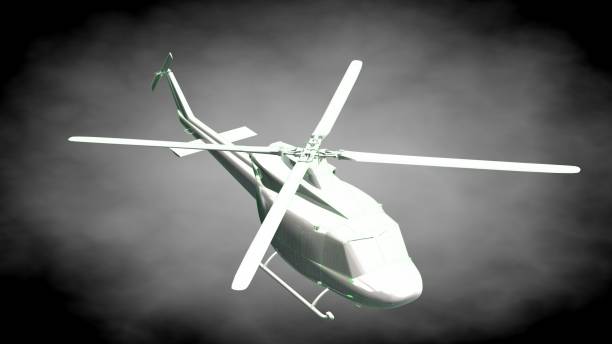 istock 3d rendering of a reflective  helicopter with green outlined lines as blueprint on dark background 870008626