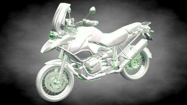 istock 3d rendering of a reflective motor with green outlined lines as blueprint on dark background 870011666