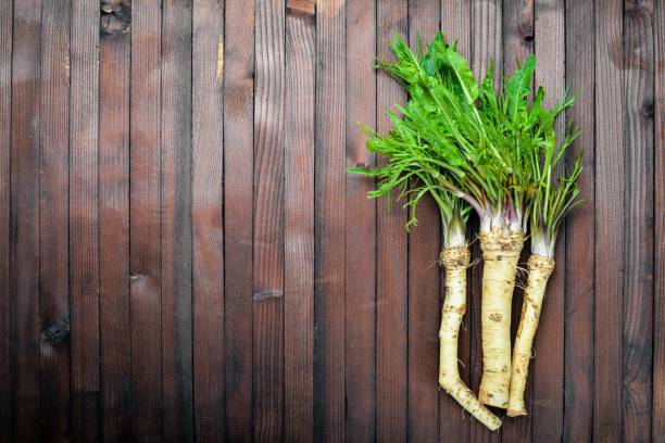 istock Fresh horseradish. In brown Wooden table. Top view. 870019476