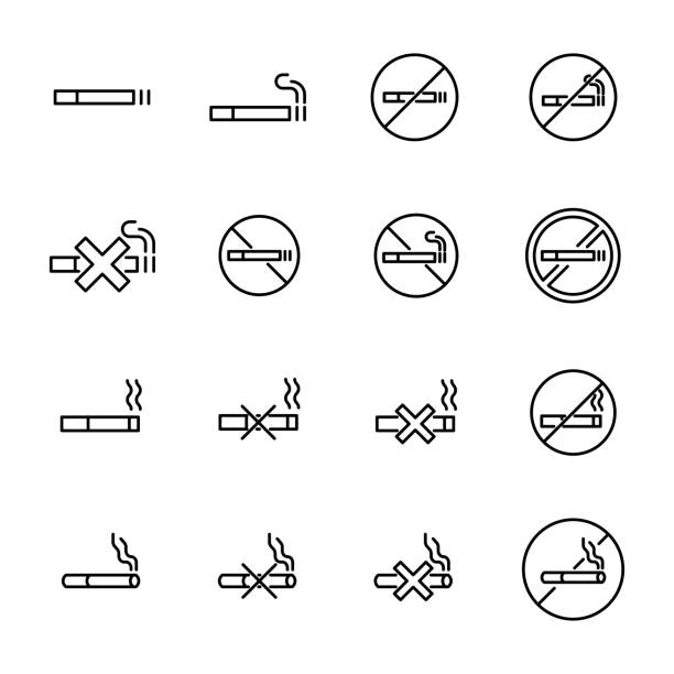 illustrazioni stock, clip art, cartoni animati e icone di tendenza di semplice raccolta di icone di linea correlate al fumo - smoke