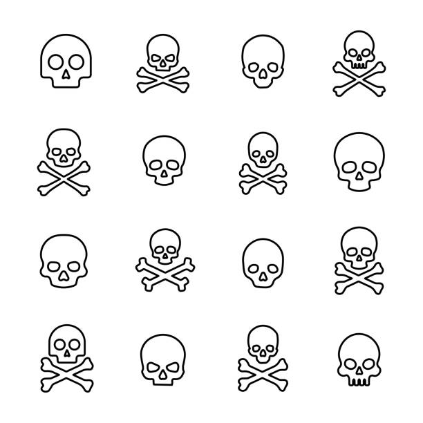 illustrations, cliparts, dessins animés et icônes de simple collection de décès associés icônes de ligne - crâne