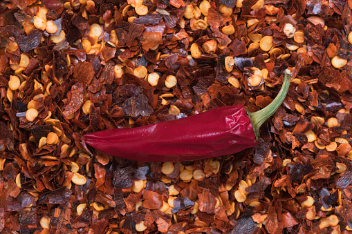 A fresh red chilli laying on a bed of crushed organic red dried chillii flakes.