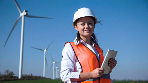 istock Smiling female engineer standing against wind farm 870030400