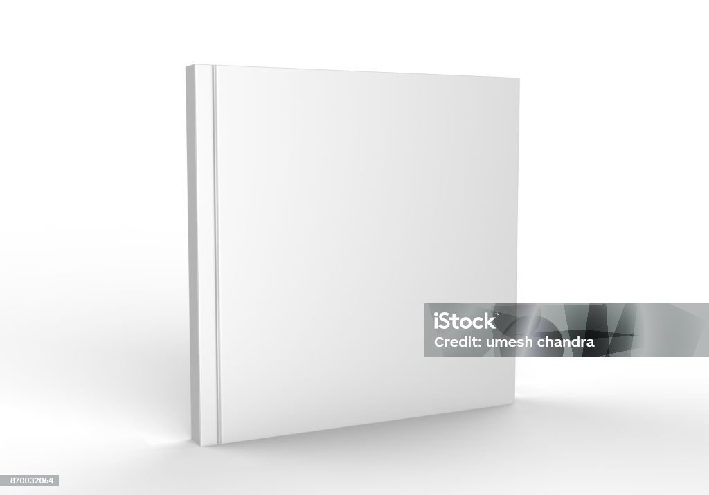 Libro cuadrado en blanco y la plantilla de la portada de la revista con páginas en el frente laterales permanente en vista superficial blanco - Foto de stock de Libro libre de derechos