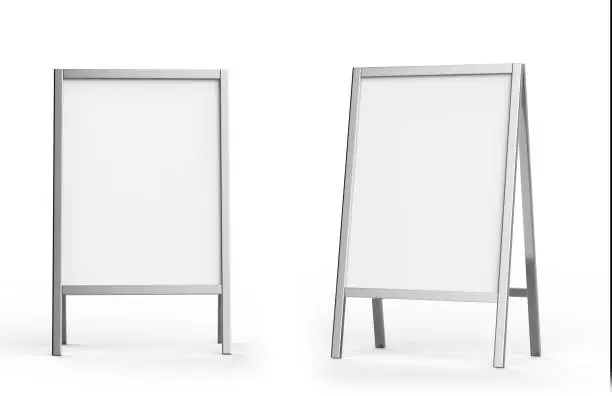 Blank white metallic outdoor advertising stand mockup, isolated, 3d rendering. Clear street signage board mock up. A-board