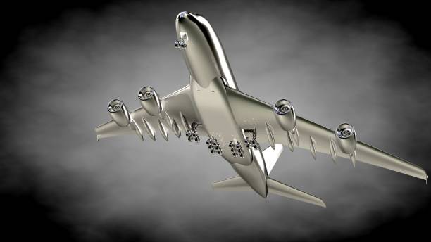 istock 3d rendering of a metalic reflective airplane on a dark background 870041434