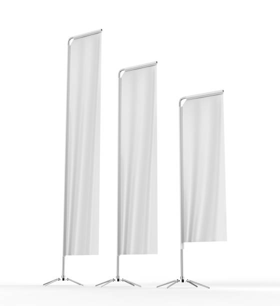 istock Blank white block rectangular feather flag outdoor Retail Visual Merchandising advertising beach stand promotional flag banner or vertical banner mock up template on white background. 3d illustration. 870048960