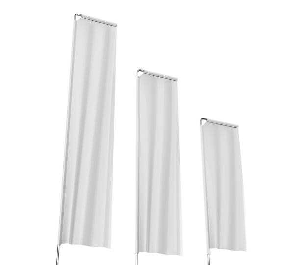 istock Blank white block rectangular feather flag outdoor Retail Visual Merchandising advertising beach stand promotional flag banner or vertical banner mock up template on white background. 3d illustration. 870049064