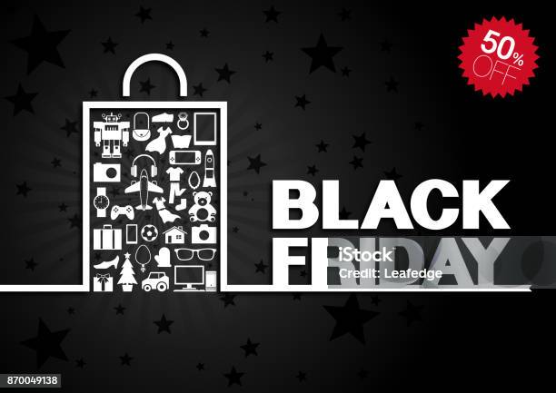 Black Friday Background Goods In Paper Bag Stock Illustration - Download Image Now - Poster, Shopping Bag, Black Friday - Shopping Event