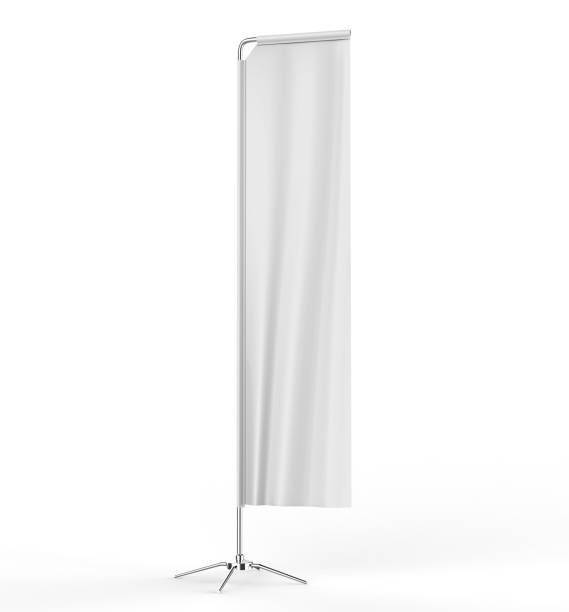 istock Blank white block rectangular feather flag outdoor Retail Visual Merchandising advertising beach stand promotional flag banner or vertical banner mock up template on white background. 3d illustration. 870049208