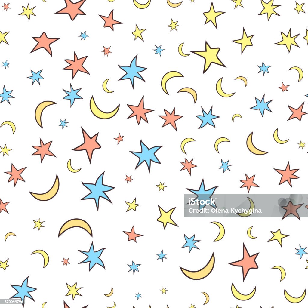 Stars And Moons Seamless Pattern Cartoon Style White Background Patch For  Wrap Print Wallpaper Textile Elements For Decoration Stock Illustration -  Download Image Now - iStock