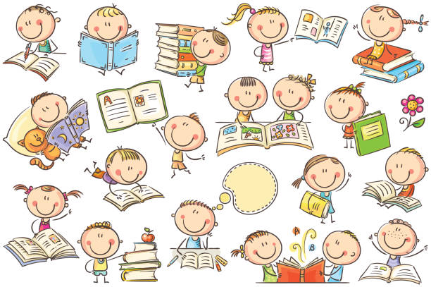 Kids and Books vector art illustration