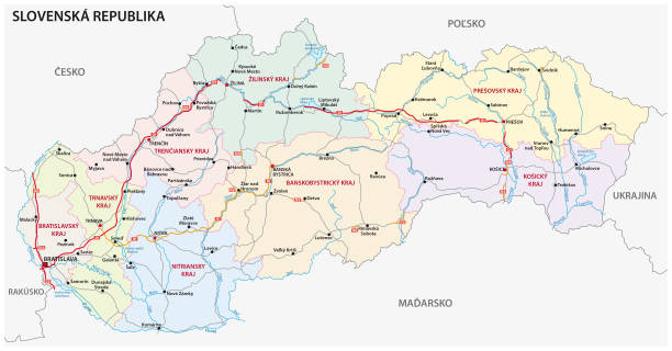 Road and administrative map of the Slovak Republic in Slovak language Road and administrative and political vector map of the Slovak Republic in Slovak language slovak language stock illustrations