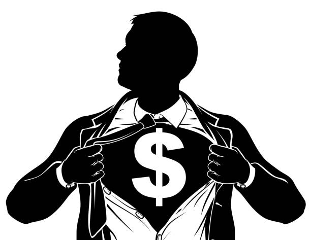ilustrações de stock, clip art, desenhos animados e ícones de dollar business man superhero tearing shirt chest - change superhero necktie strength