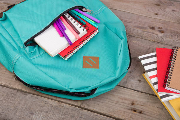 istock Backpack and school supplies: notepad, felt-tip pens on brown wooden table 870060420