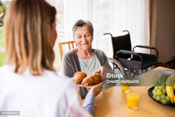 Sanitario Y Una Mujer Senior Durante La Visita A Domicilio Foto de stock y más banco de imágenes de Tercera edad