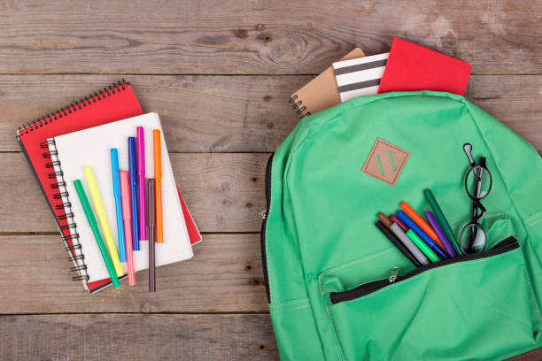 istock Backpack and school supplies: notepad, felt-tip pens, eyeglasses on brown wooden table 870061544