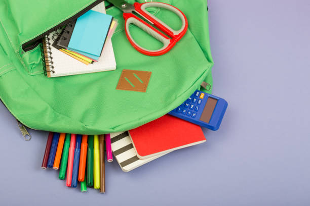 istock Backpack and school supplies: notepad, felt-tip pens, scissors, calculator on blue paper background 870064144