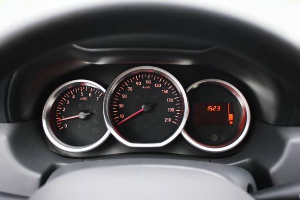 The dashboard in the car. Speedometer, tachometer.