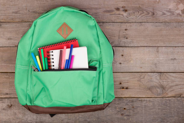 istock Backpack and school supplies: notepad, felt-tip pens on brown wooden table 870065084