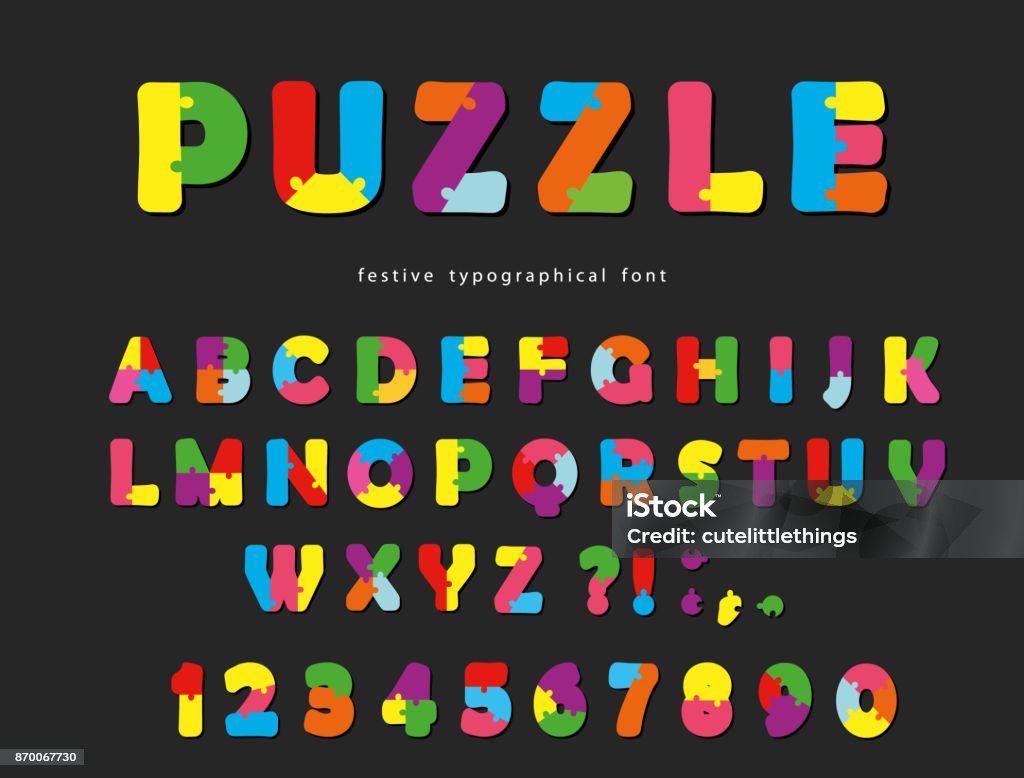 Puzzle font. ABC colorful creative letters and numbers on a black background. Puzzle font. ABC colorful creative letters and numbers on a black background. Vector illustration Typescript stock vector