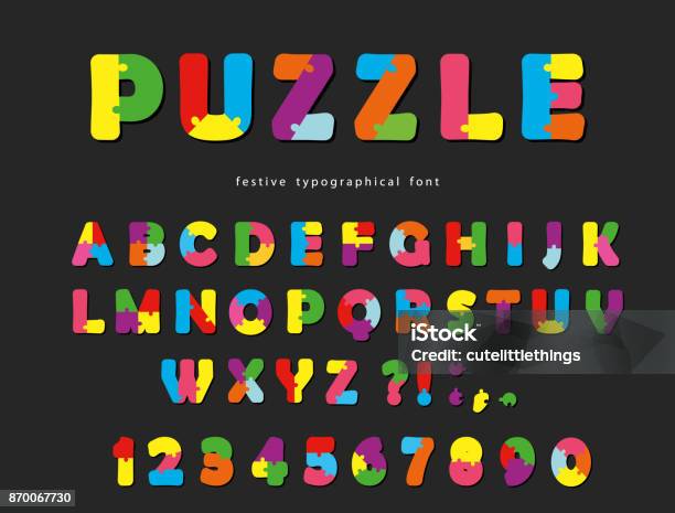 Puzzle Font Abc Colorful Creative Letters And Numbers On A Black Background Stock Illustration - Download Image Now