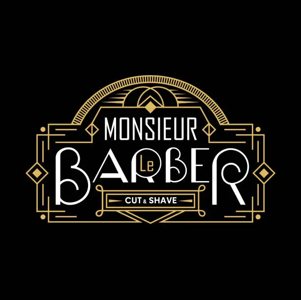 Vector illustration of Barber shop vintage logo with linear frame. Barbershop logo in french.
