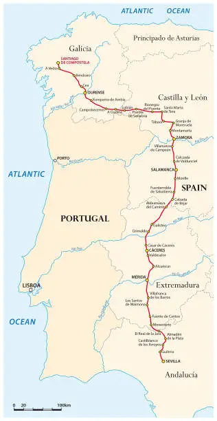 Vector illustration of Map of the Way of St. James from Seville to Santiago de Compostela (Via de la Plata), Spain