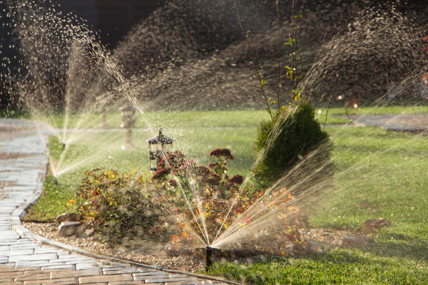 A rotating sprinkler spraying a water into the backyard