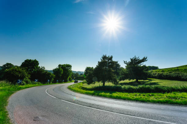 istock Empty asphalt curvy road passing through green fields and forests. Countryside landscape on a sunny spring day in France. Sunbeams in the sky. Transport, industrial agriculture, road network concept 870080930
