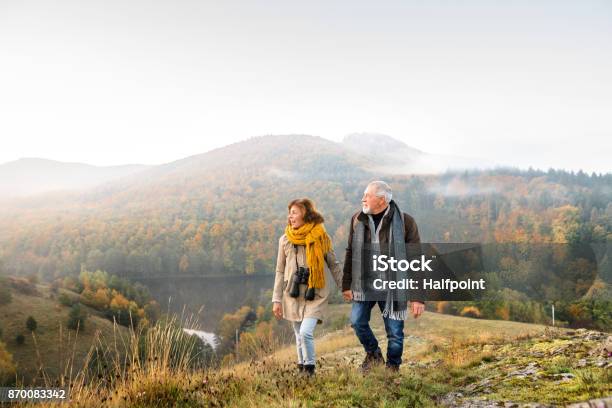 Älteres Paar Bei Einem Spaziergang Durch Die Herbstliche Natur Stockfoto und mehr Bilder von Wandern