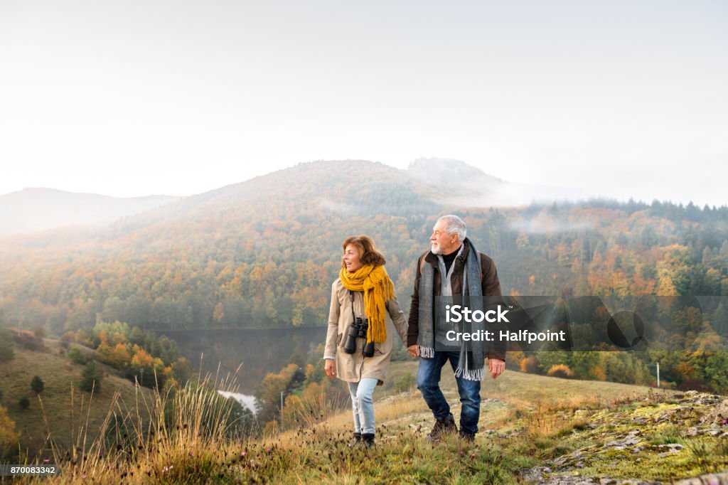 Senior couple on a walk in an autumn nature. Active senior couple on a walk in a beautiful autumn nature. Hiking Stock Photo