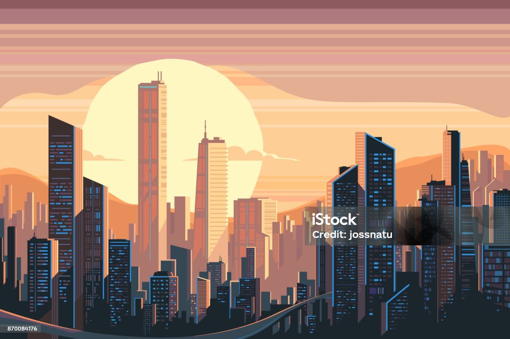 Sunrise landscape in city Sunrise landscape in city with tall skyscrapers. Vector flat illustration Cartoon stock vector