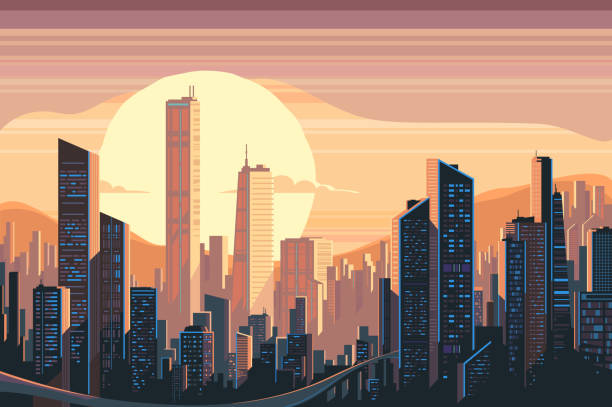 Sunrise landscape in city Sunrise landscape in city with tall skyscrapers. Vector flat illustration urban skyline illustrations stock illustrations