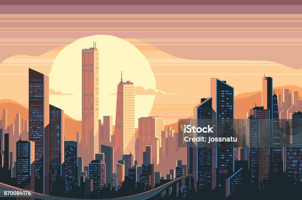 Sunrise Landscape In City Stock Illustration - Download Image Now - Cartoon, City, Cityscape