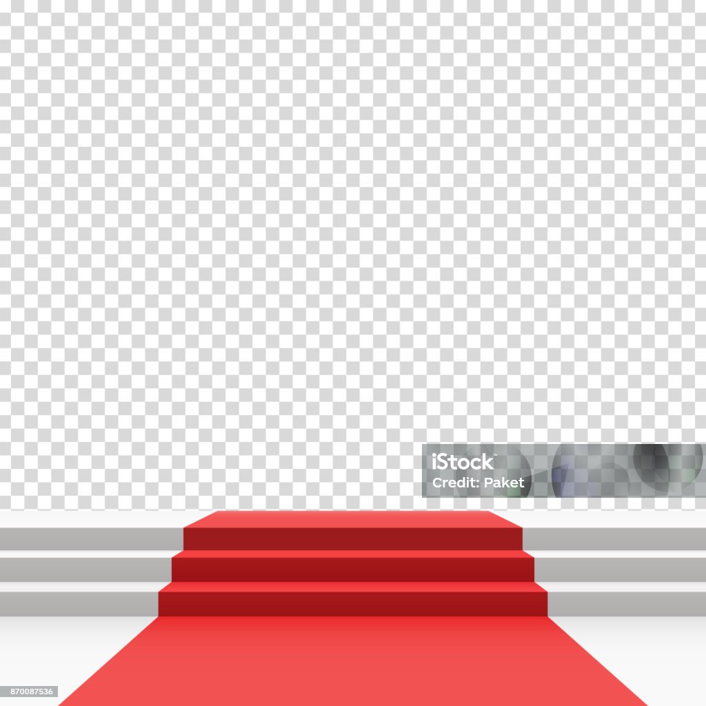 Red carpet on stairs Red carpet on stairs. Empty white illuminated podium. Blank template illustration with space for an object, person, logo, text. Presentation, gala, ceremony, awards concept. Red Carpet Event stock vector