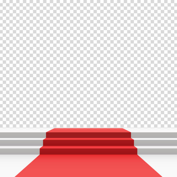 Red carpet on stairs Red carpet on stairs. Empty white illuminated podium. Blank template illustration with space for an object, person, logo, text. Presentation, gala, ceremony, awards concept. red carpet stock illustrations