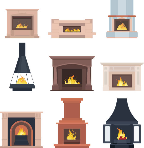 ilustrações de stock, clip art, desenhos animados e ícones de collection of home different fireplaces to paste in the interior of the house phone or computer games. vector illustration isolated on white background - fire place