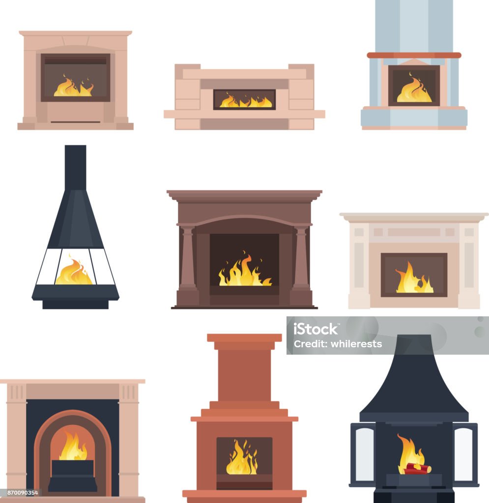 Collection of home different fireplaces to paste in the interior of the house phone or computer games. Vector illustration isolated on white background Collection of home different fireplaces to paste in the interior of the house phone or computer games. Vector illustration isolated on white background eps10 Fireplace stock vector