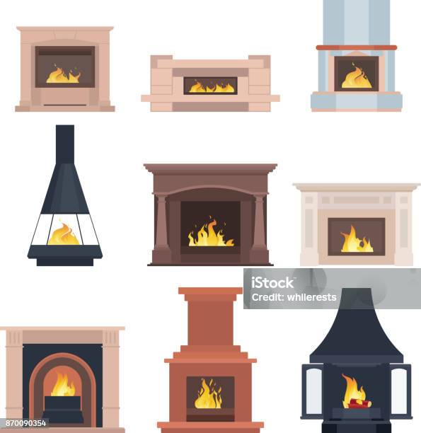 Collection Of Home Different Fireplaces To Paste In The Interior Of The House Phone Or Computer Games Vector Illustration Isolated On White Background Stock Illustration - Download Image Now