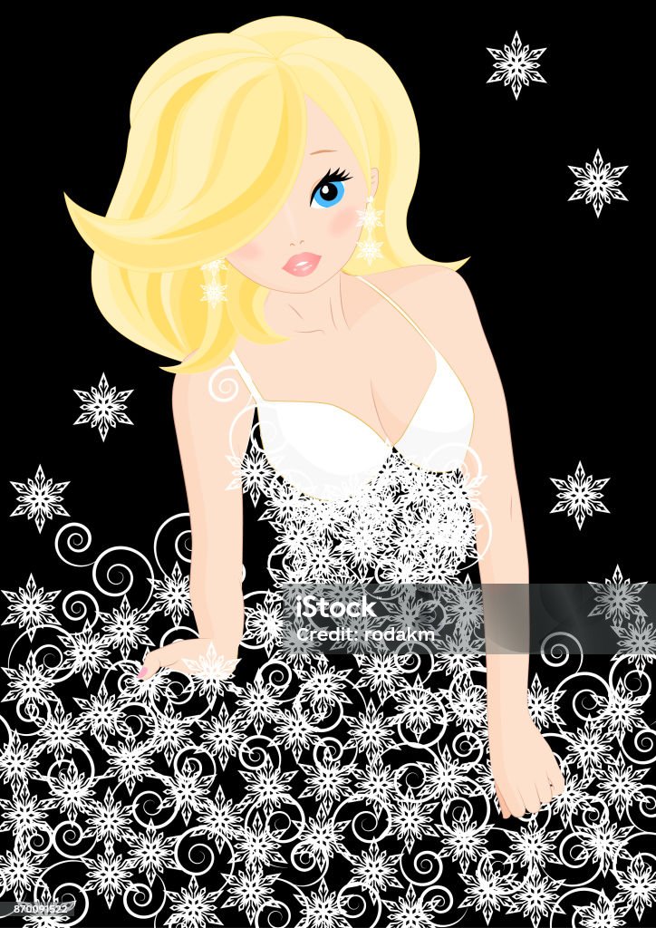 beautiful girl girl snow Queen in a dress made of snowflakes on black background Adult stock vector