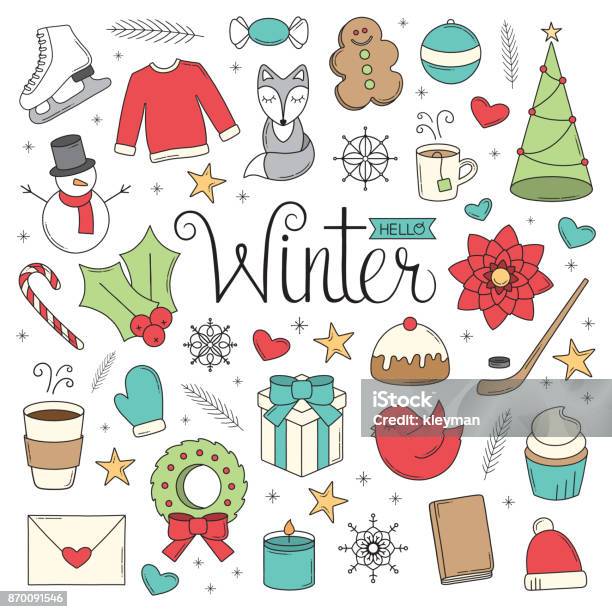 Hello Winter Doodles Stock Illustration - Download Image Now - Candy Cane, Drawing - Art Product, Ice Skate