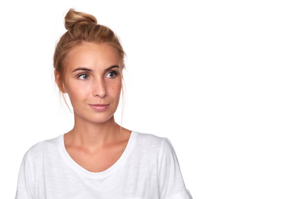 istock pretty woman looking away. Isolated 870101756