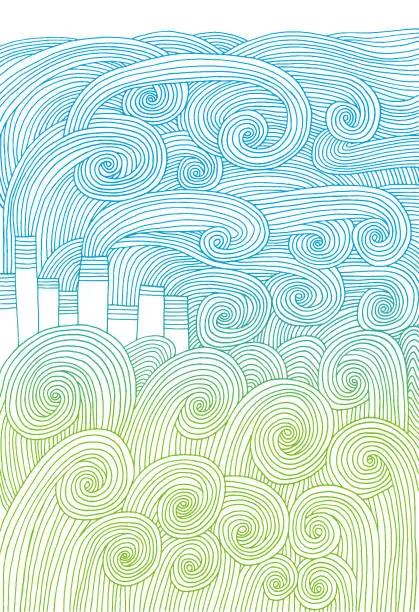 Vector illustration of Abstract doodle pattern of landscape with factory and smoke