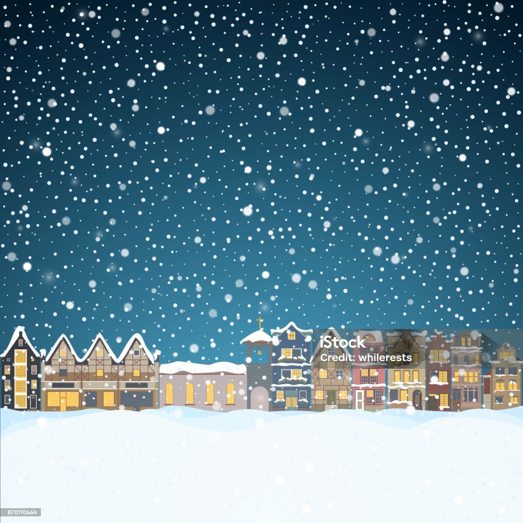 Maison de Noël dans la neige dans la nuit. Carte de voeux joyeuses fêtes avec panorama de ville, volant Santa Claus et silhouettes cerf noir, lune grosse neige. Midtown maisons affiche de Noël panorama. Illustration de vecteur winer - clipart vectoriel de Noël libre de droits