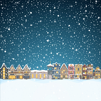 Christmas house in snowfall at the night. Happy holiday greeting card with town skyline, snow and big moon. Midtown houses panorama xmas poster. Vector winer illustration eps10