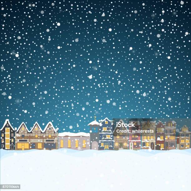 Christmas House In Snowfall At The Night Happy Holiday Greeting Card With Town Skyline Flying Santa Claus And Deer Black Silhouettes Snow Big Moon Midtown Houses Panorama Xmas Poster Vector Winer Illustration Stock Illustration - Download Image Now