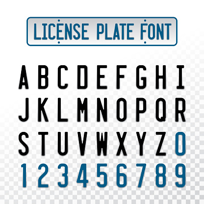 License plate font letters with embosse transparent overlay effect. Car number design alphabet.
