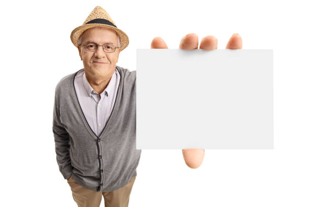 mature man showing a blank card - glasses holding business card imagens e fotografias de stock